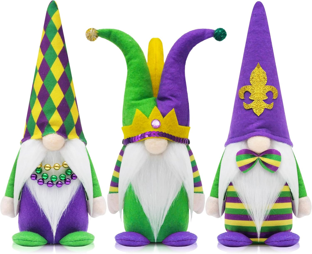 Mardi Gras Gnomes Party Decorations, 3 Pack Mardi Gras Beads, Mask Gnomes Plush