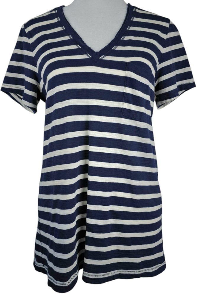 Madewell T Shirt Womens M Striped V-Neck Short Sleeve Navy White Top Nautical