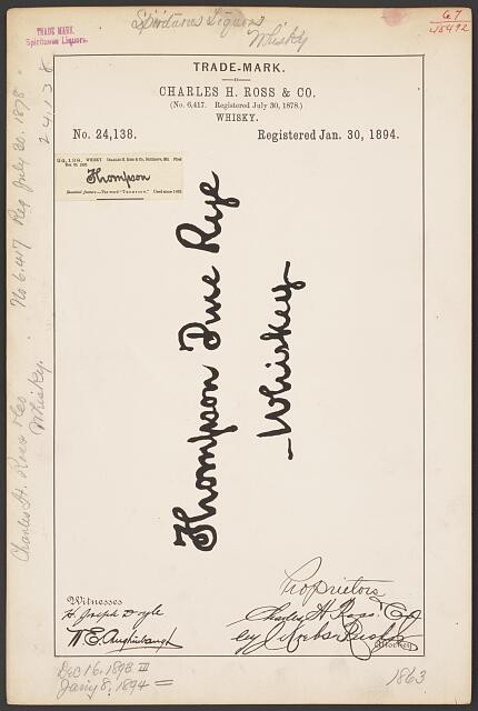 1894 Thompson Brand Whisky Trade Mark Charles H. Ross & Co. Registration