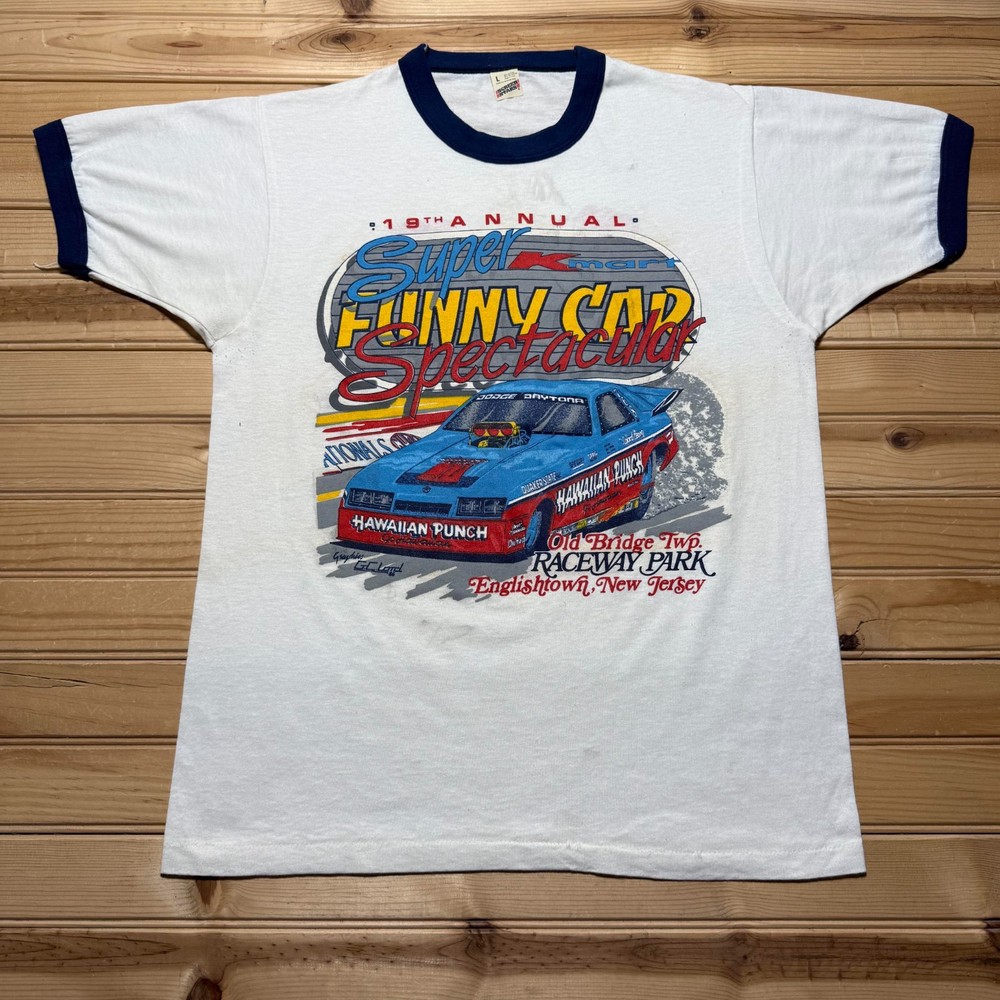Vintage 1986 Raceway Park Super Funny Car Spectacular Ringer T-Shirt USA - Large