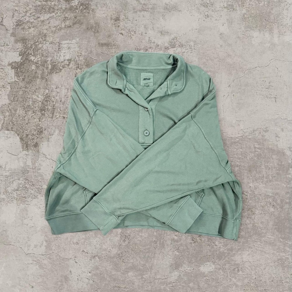 Aerie Women’s Green Button Mock Neck Pullover Cropped Sweatshirt Hoodie Size XL