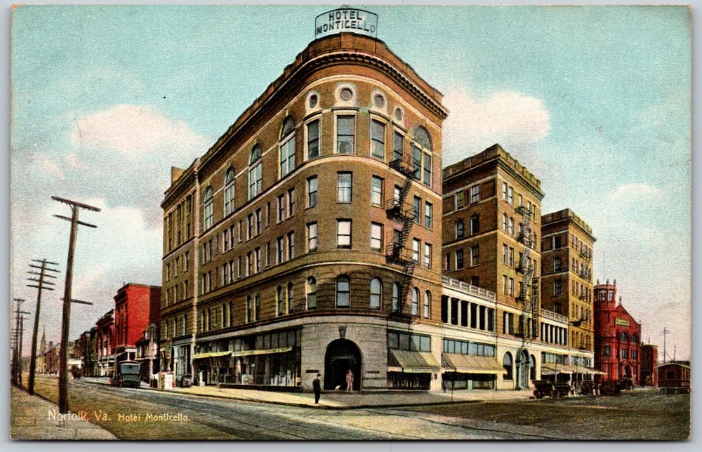 Hotel Monticello Norfolk Virginia Building Street Scene ANTIQUE Postcard
