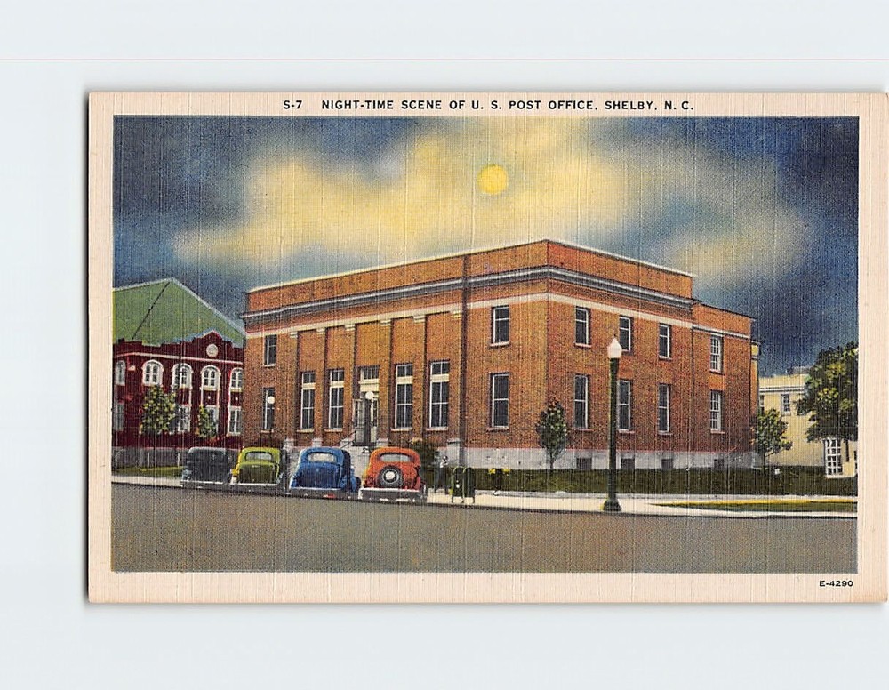 Postcard Night Time Scene US Post Office Shelby North Carolina USA