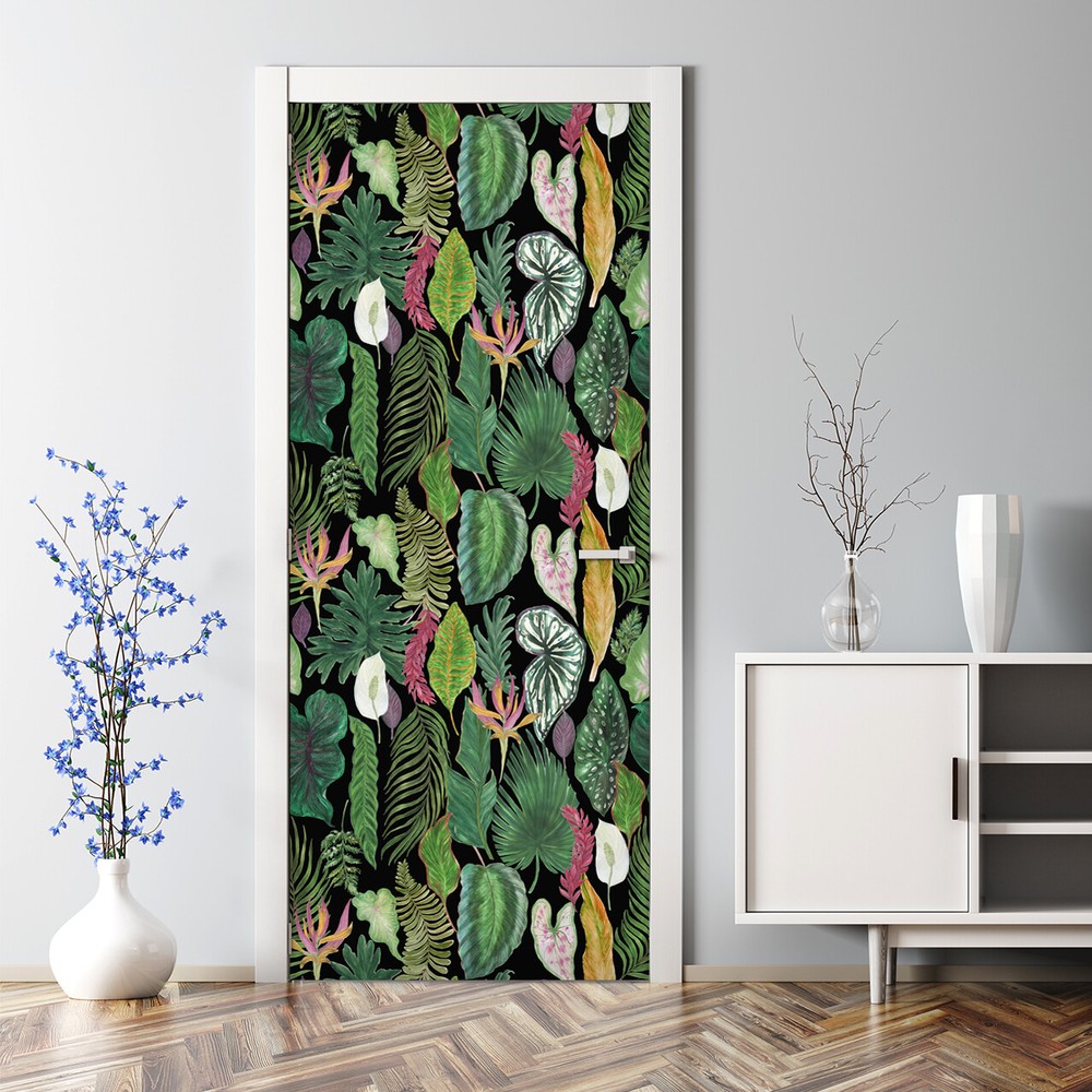 Tropical leaves bubble-free door sticker in green and yellow for home decor