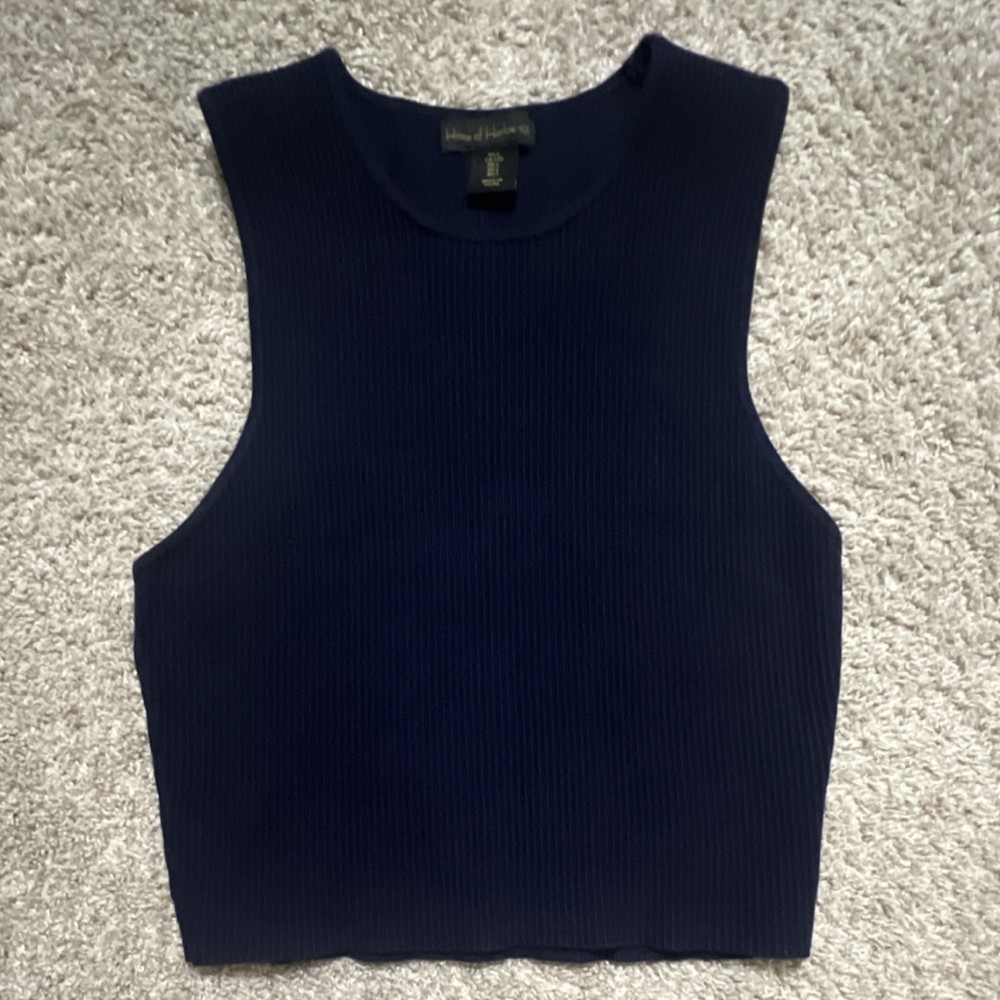 House Cropped Knit Sleeveless Tank Top Navy Blue Pullover Women's Size L