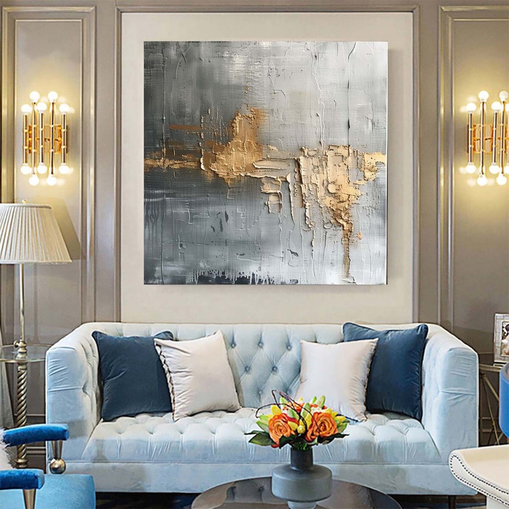 Abstract Oil Painting Thick Textured Hand Painted On Canvas Wall Art Gray Golden