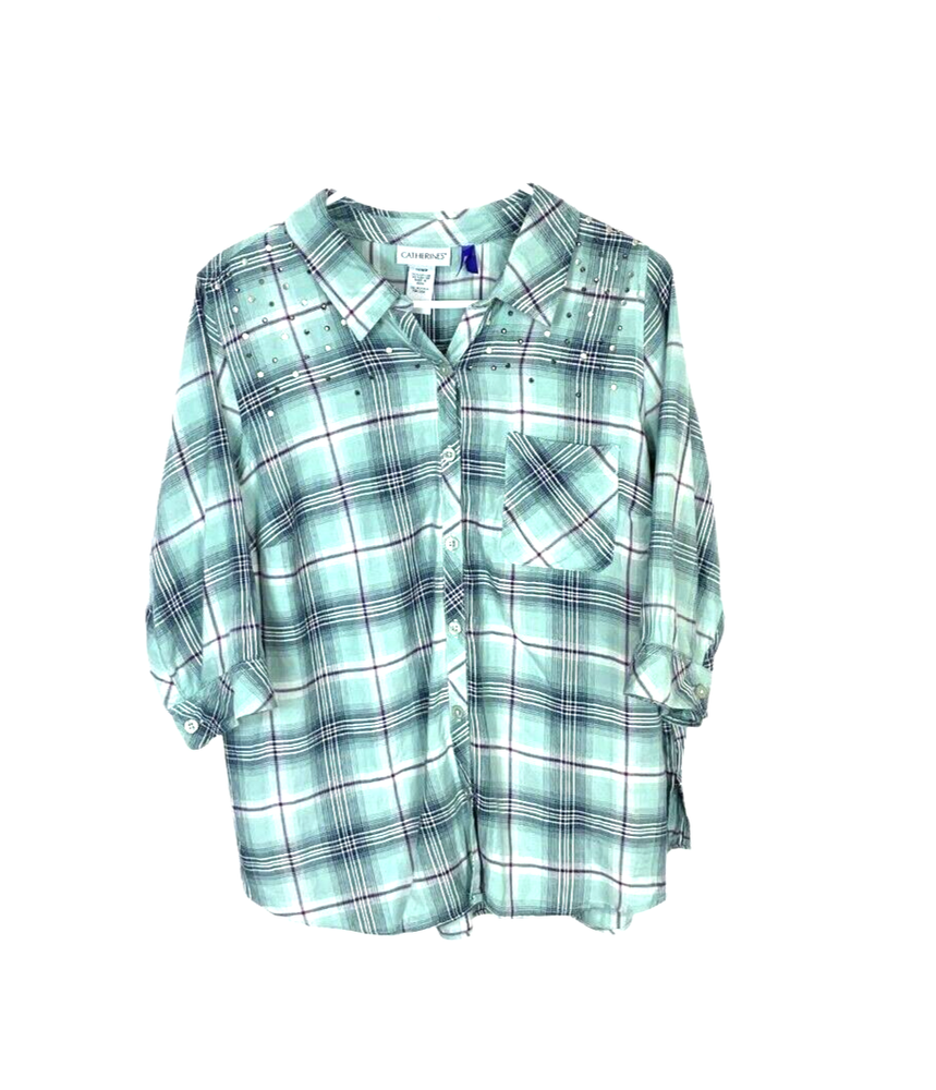 Catherines studded plaid button-up shirt size 1X in cotton rayon blend
