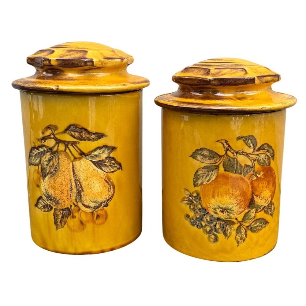 Vintage 1970s Harvest Gold Fruit Ceramic Canister Set 2 Piece Mustard Yellow