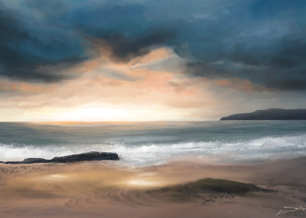 6 x 11 in Wall art Stormy Cloudy Ocean Coast Landscape Sunset Oil Painting