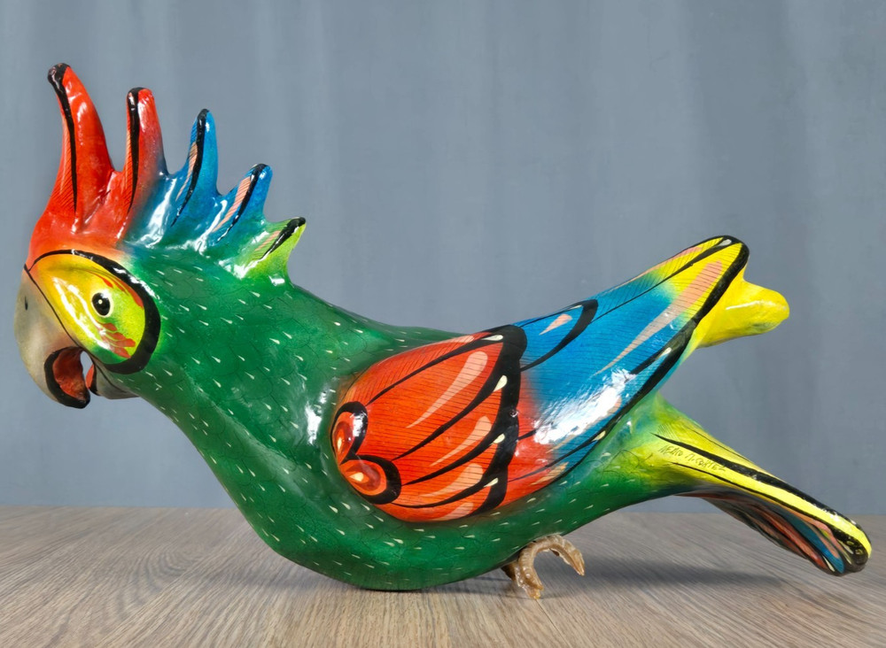 Paper mache hand painted parrot signed A. Cortez Mexico, Tonala Jal style