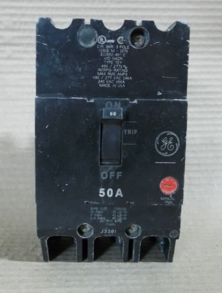 General Electric GE TEY TEY350 3 Pole 50 Amp 480/277V Circuit Breaker FLAWED #13