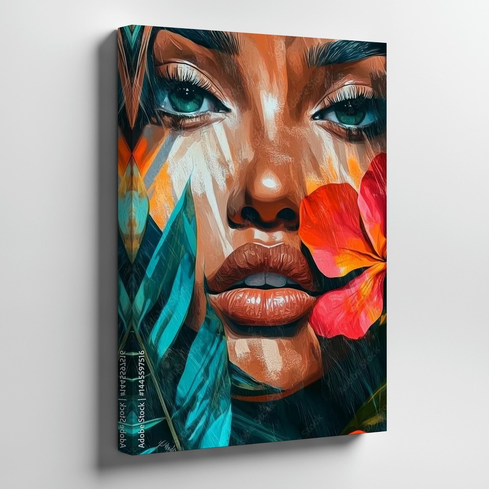 Abstract Woman Face With Tropical Flower And Leaves Canvas Wall Art Print Home-image