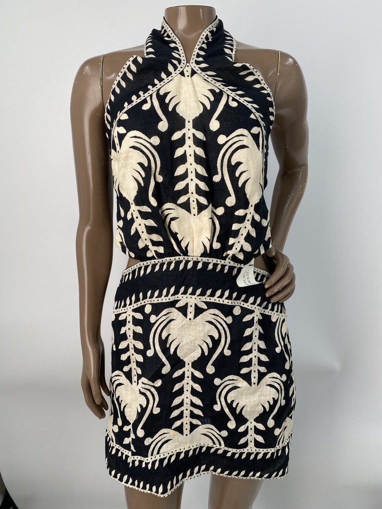 Johanna Ortiz Womens Mini Dress Black/Ecru Size 8 Tide Strength Halter Open Back