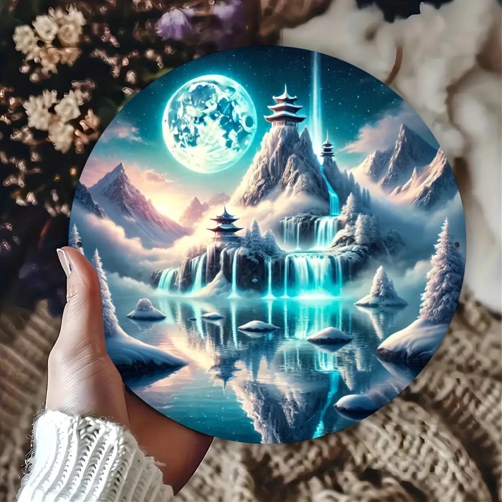 Starry Night Snow Mountains Waterfalls Round Metal Decoration
