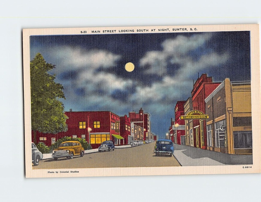 Postcard Main Street Looking South at Night Sumter South Carolina USA