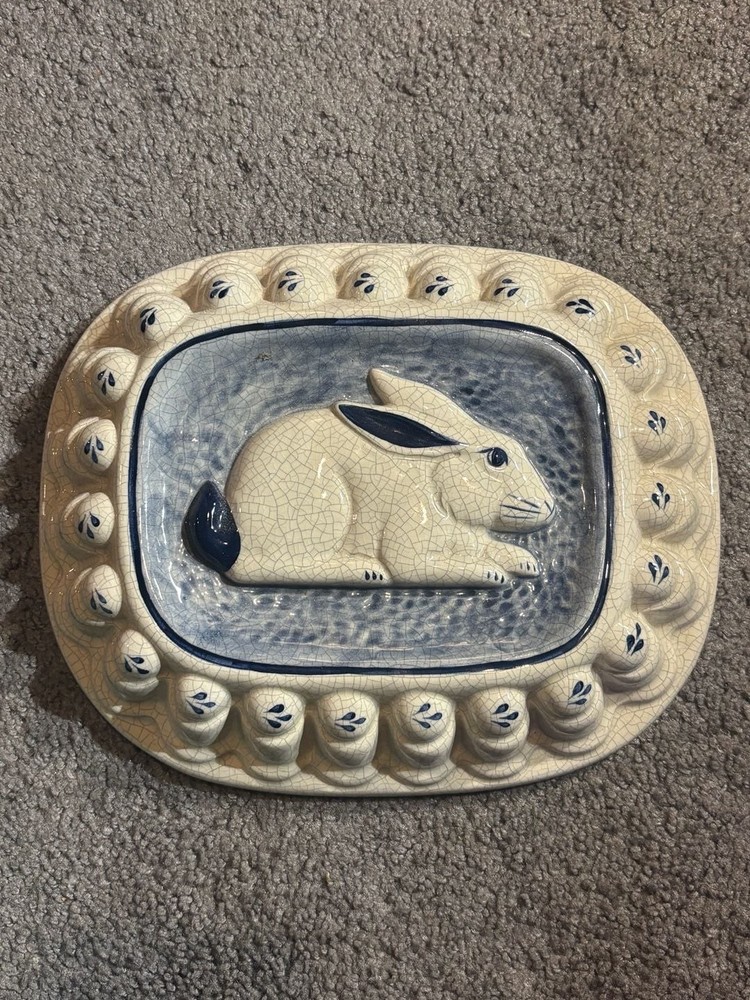 Vintage Fitz and Floyd OUSA Blue & White Ceramic Bunny Rabbit Wall Hanging Mold