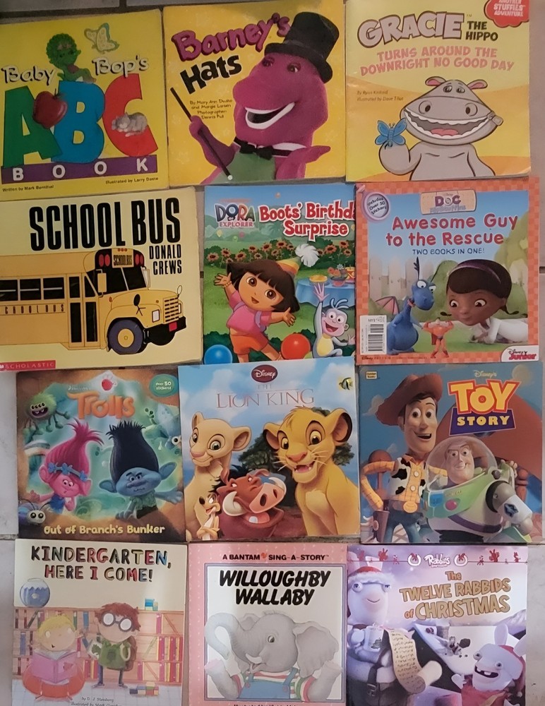 LOT of 12 Vintage Books -Barney, Toy Story, Trolls, Lion King, Dora,Doc McStuffi