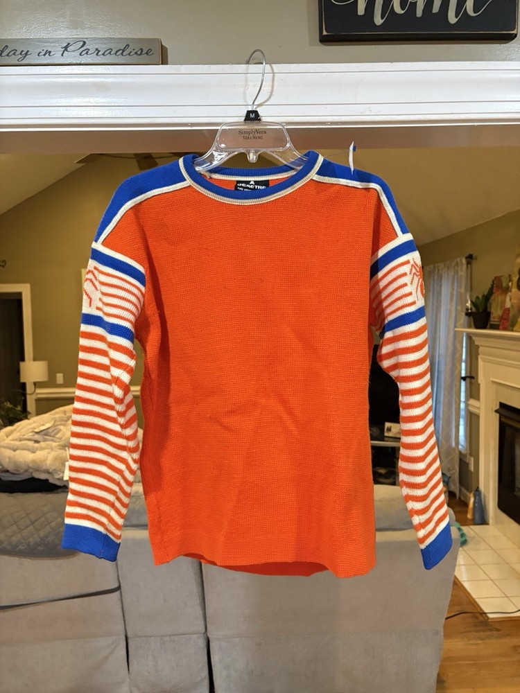 Vintage 1970s Demetre Wool Ski Sweater Spider Logo Blue Orange Men M Striped
