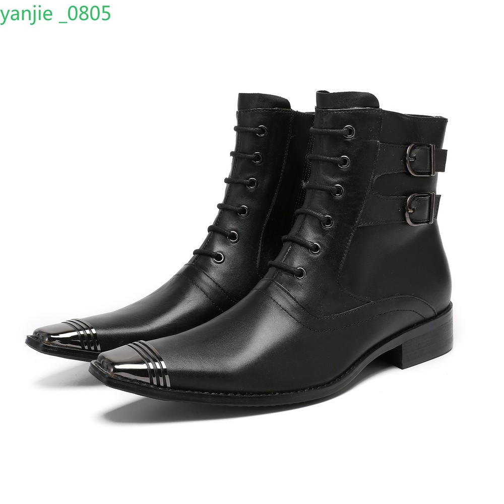 Men's Leather Ankle Boots Buckle Shoes Lace Up Zip Metal Pointed Toe Formal Chic