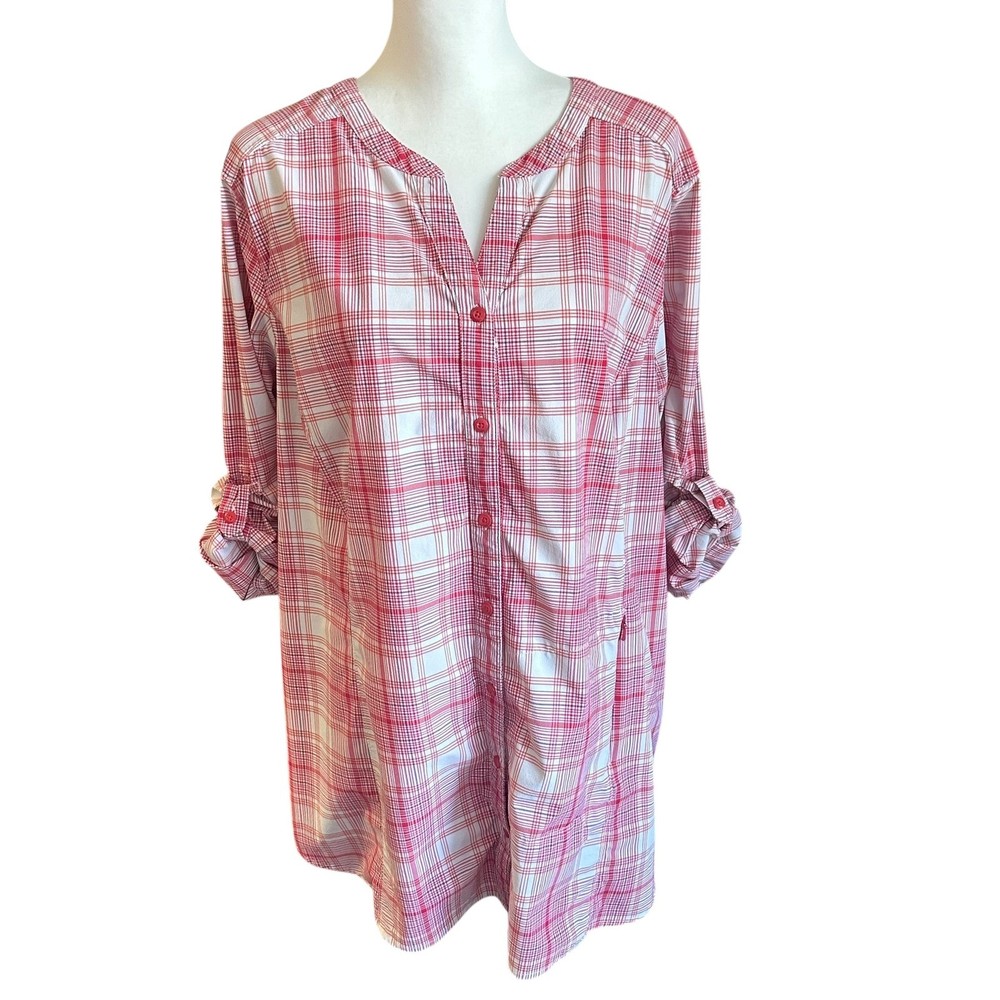 Duluth Trading Co Shirt Women's 1X  Red Plaid Sidewinder Tunic Roll Tab Sleeve
