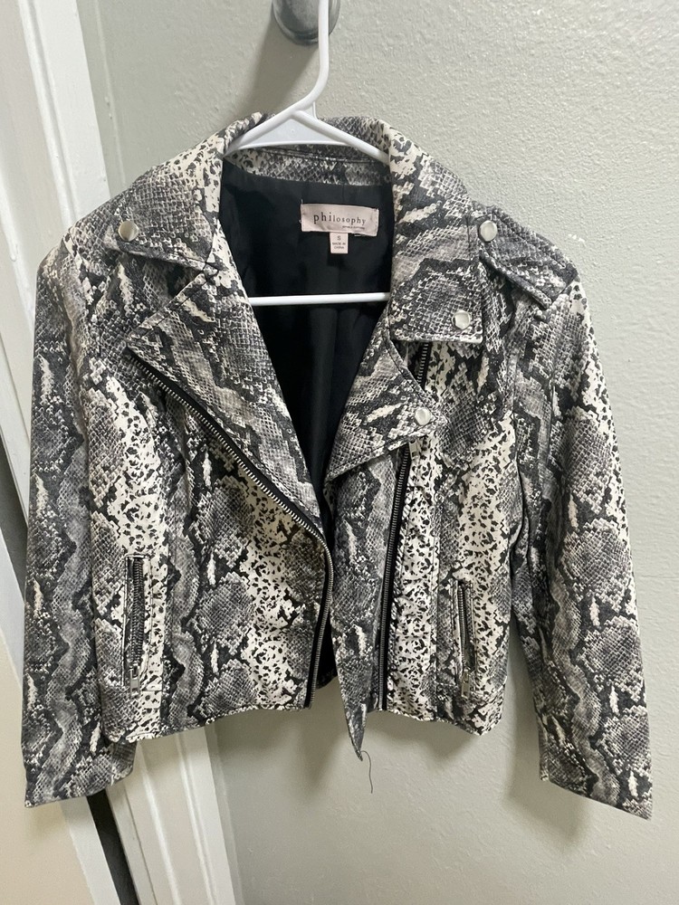 Philosophy sz S Gray Snake Print Faux Leather Moto Biker Jacket