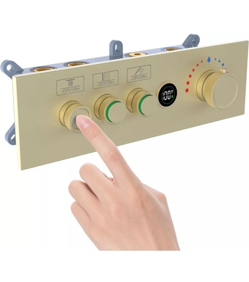 Temp Display Shower Mixer/Diverter Valve, 3 Way Push-Button 3-way, Brushed Gold