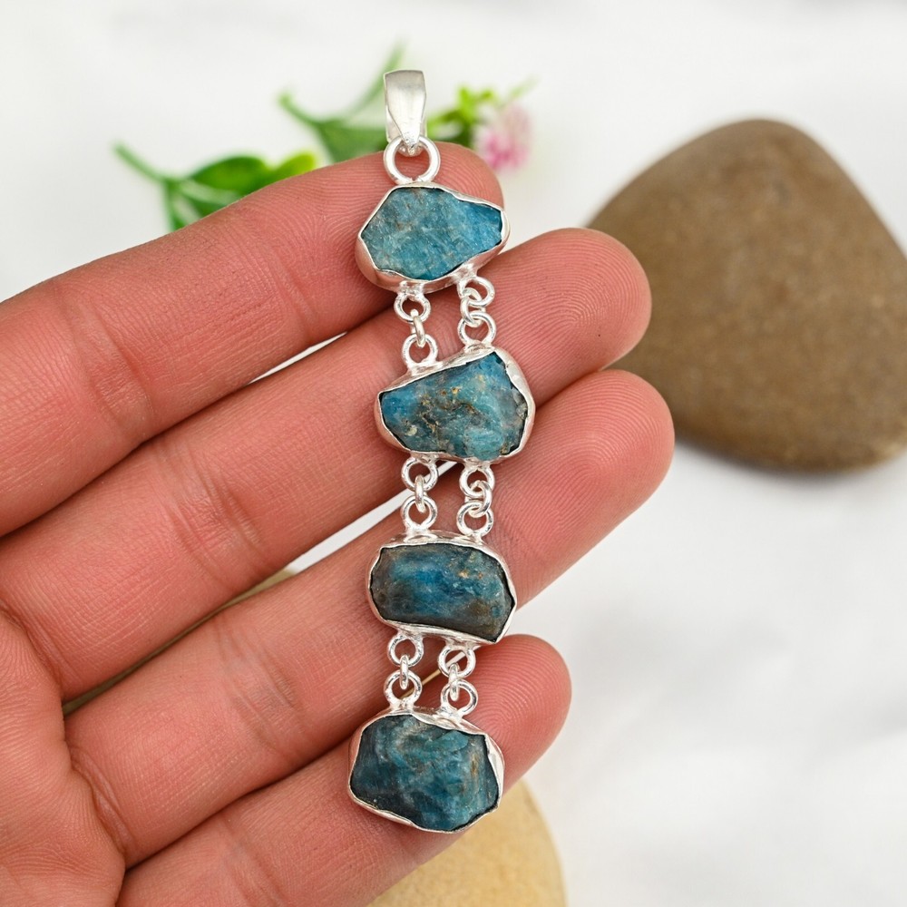 Raw Neon Blue Apatite Gemstone Pendant 925 Sterling Silver Handmade Jewelry Gift