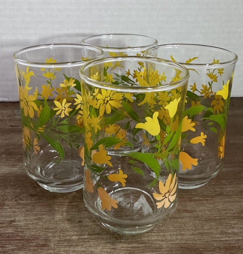 VTG MCM Libbey Juice Glasses Hummingbird Floral Yellow Orange Set of 4