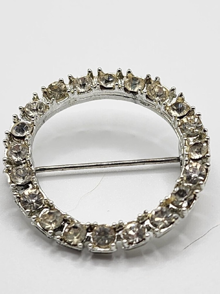 Vintage Rhinestone Circle Brooch Pin Silver-Tone