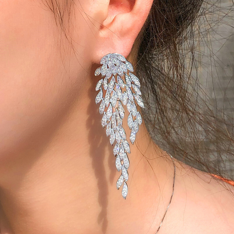 Silver Plated Big Long Wings Dangling Cubic Zirconia Wedding Party Drop Earrings