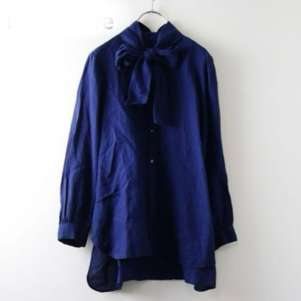 Nest Robe Linen Band Collar Shirt Blouse F Blue Used 100% Linen
