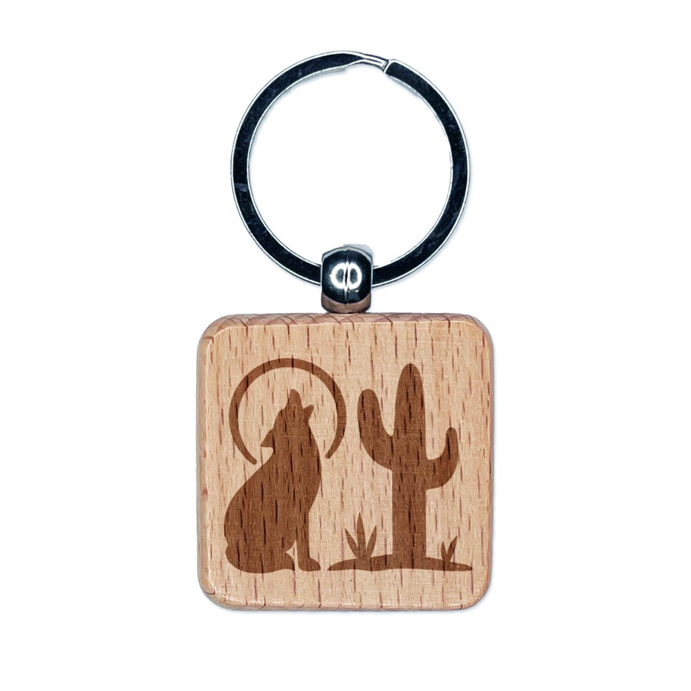 Southwest Style Coyote Cactus Moon Engraved Wooden Keychain Charm