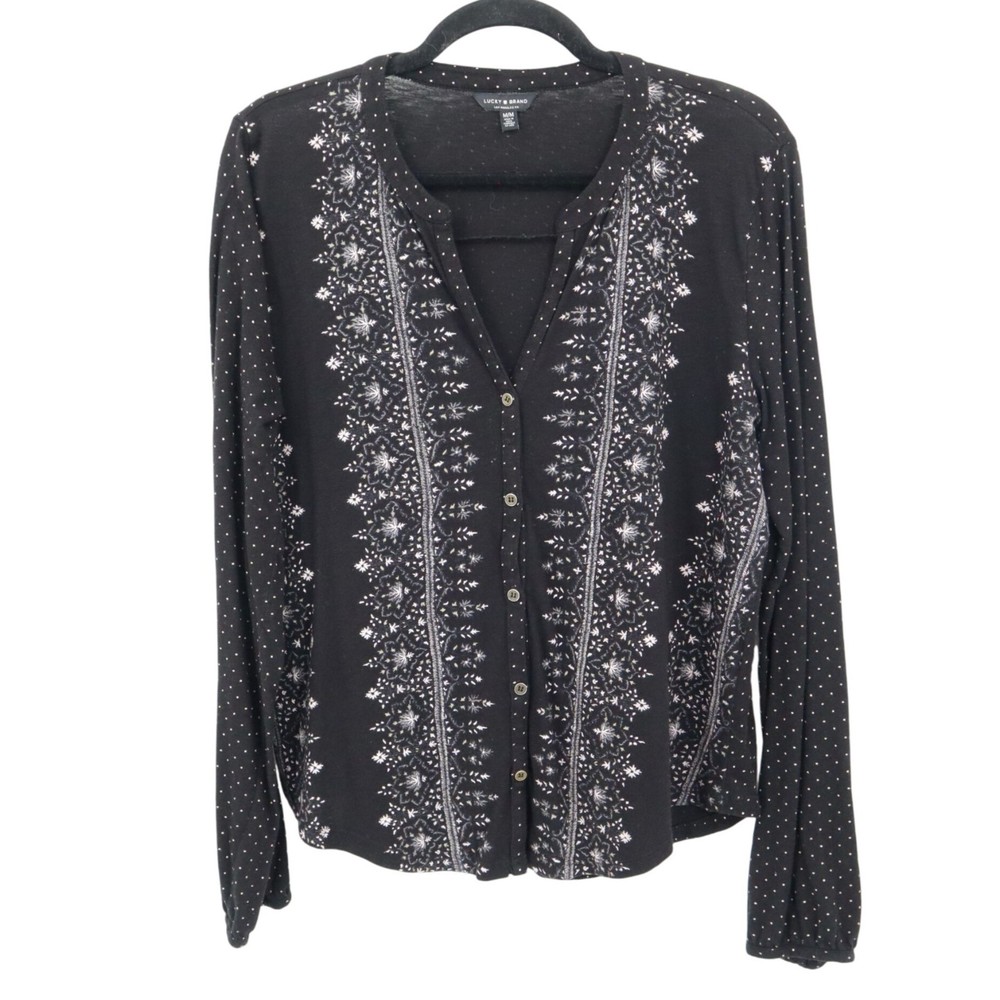 Lucky Brand Long Sleeve Top Womens M Black Boho Hippie Bohemian Casual