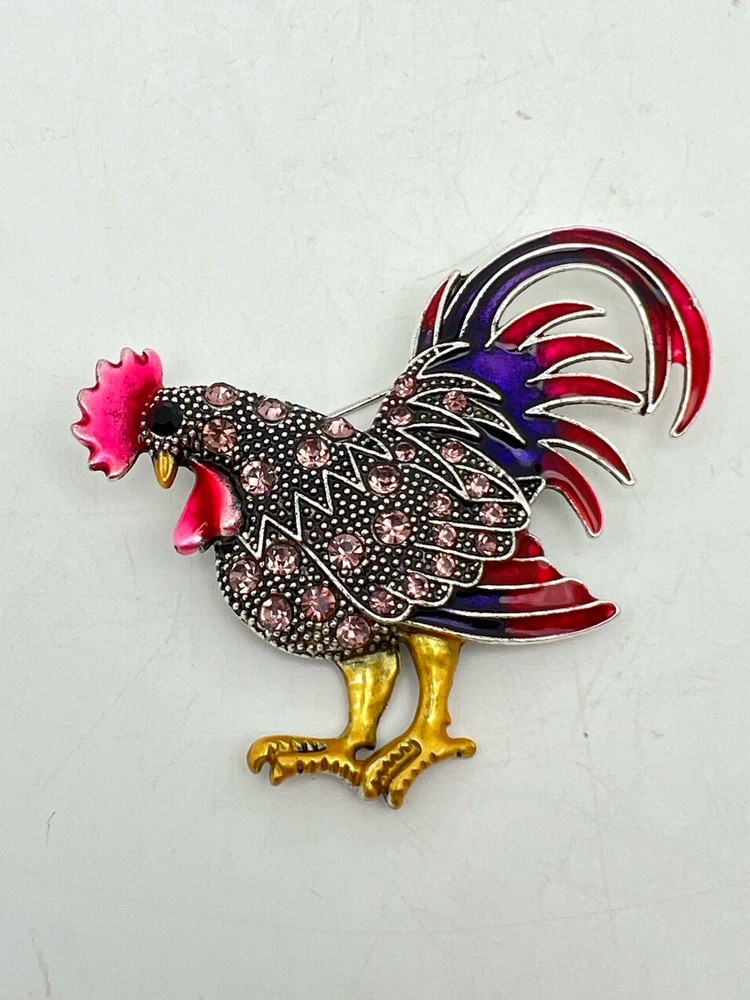 Rooster Brooch Silver Tone Enamel & Rhinestone Pin Chicken Hen