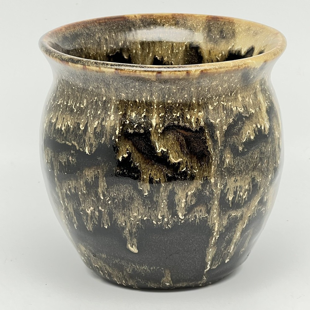 Studio Art Pottery Brown Drip Glaze Planter Vase Signed Linda 4.75”Hx5”D