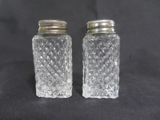 Vintage Crystal Clear Small Diamond Design Glass  Salt & Pepper Shakers