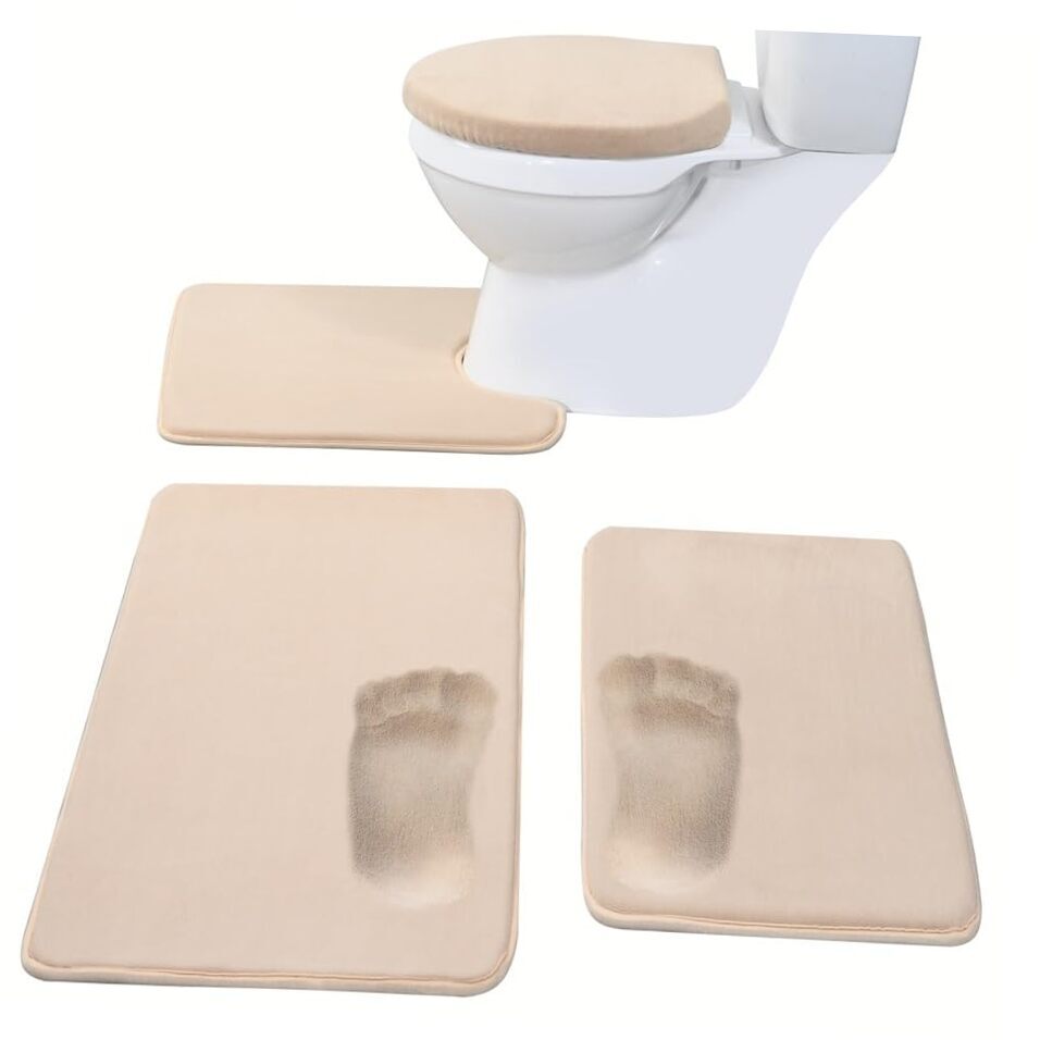 Madeals Memory Foam Bath Mat Set 4 Piece with Toilet Lid Cover and Rug Beige