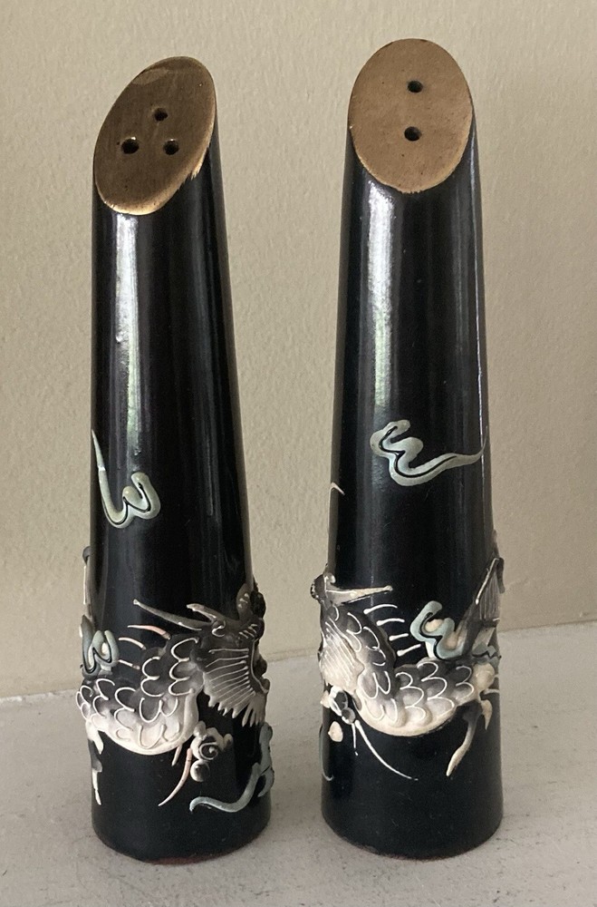 Vintage Japanese Tea Garden Dragonware Salt & Pepper Set Black/Gold Moriage 6” T