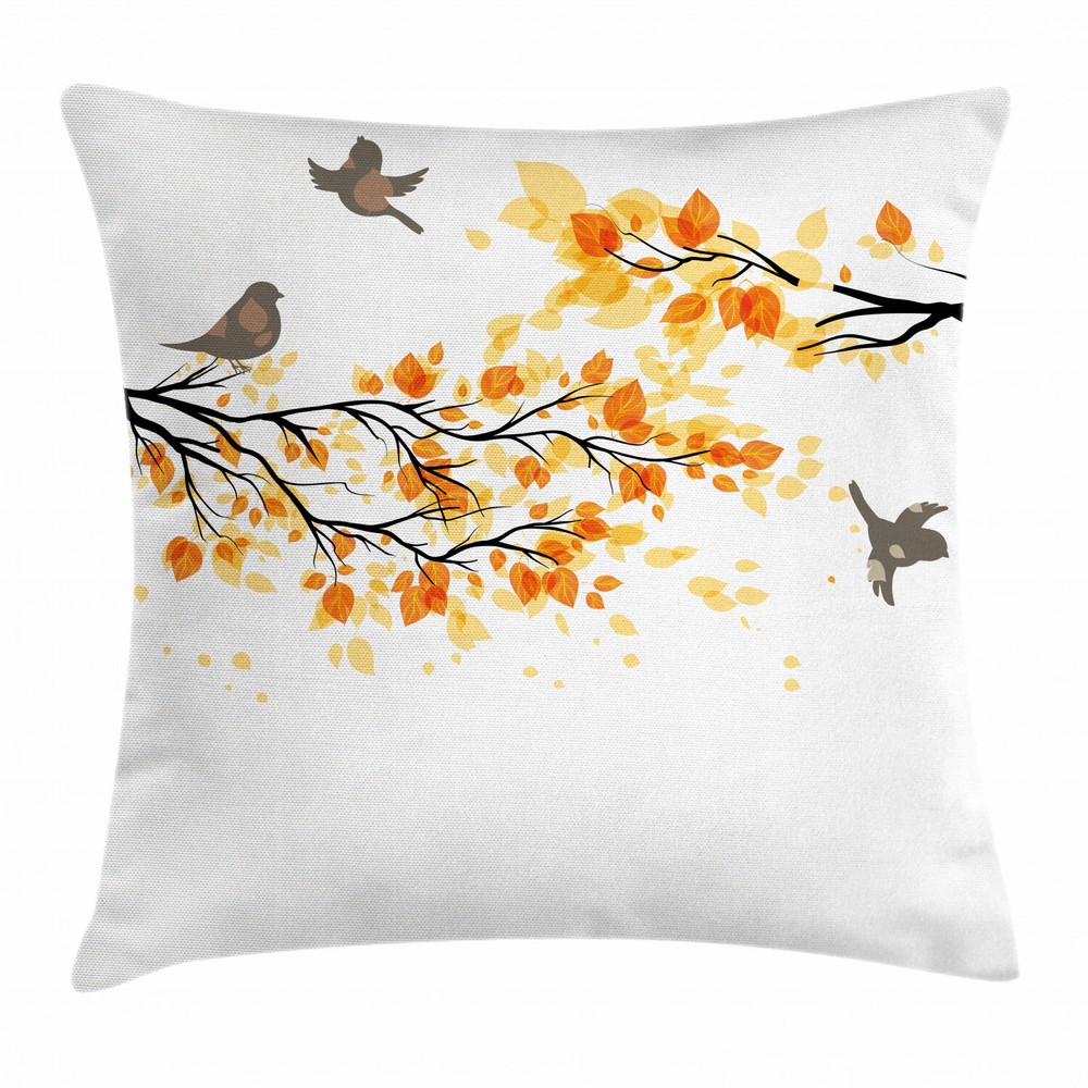 Fall-Themed 20-Inch Square Pillow Cover with Birds and Leaves Design