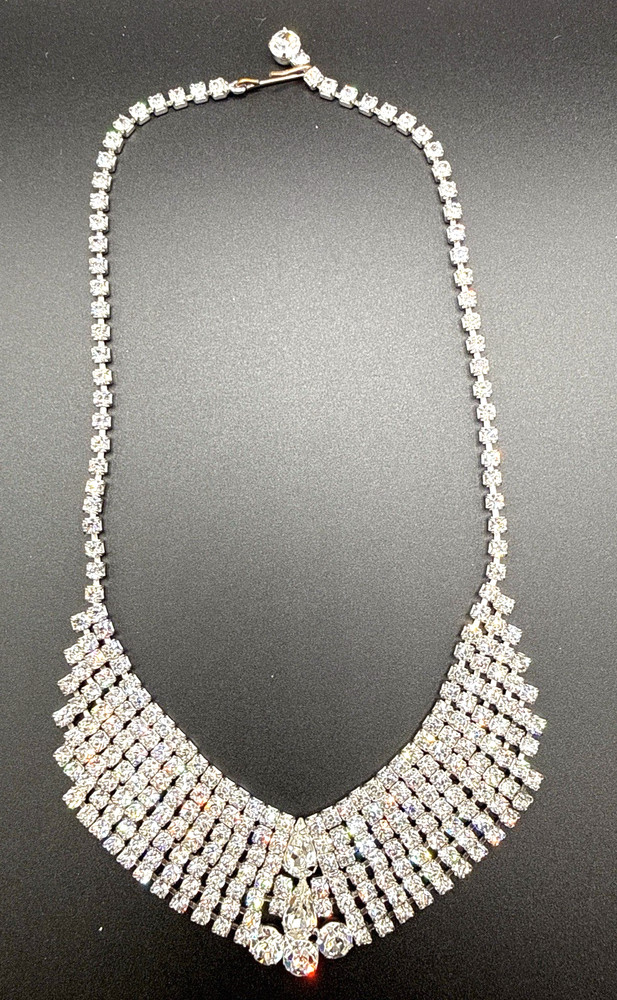 Vintage Rhinestone Fringe Bib Necklace Silver Tone Statement Necklace 15”