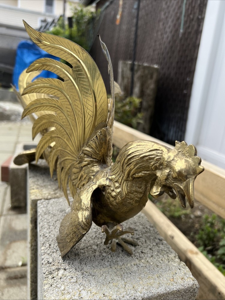 Hollywood Regency Italian Brass Fighting Roosters Large Marked Mid Century Italy