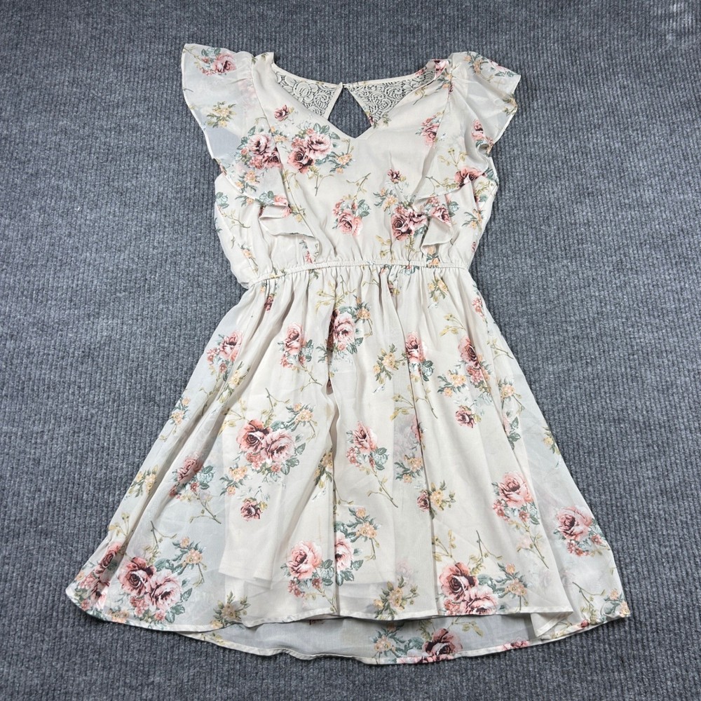 Maurices Mini Dress Womens M Boho Cream Floral Ruffle Lace Back Casual Formal
