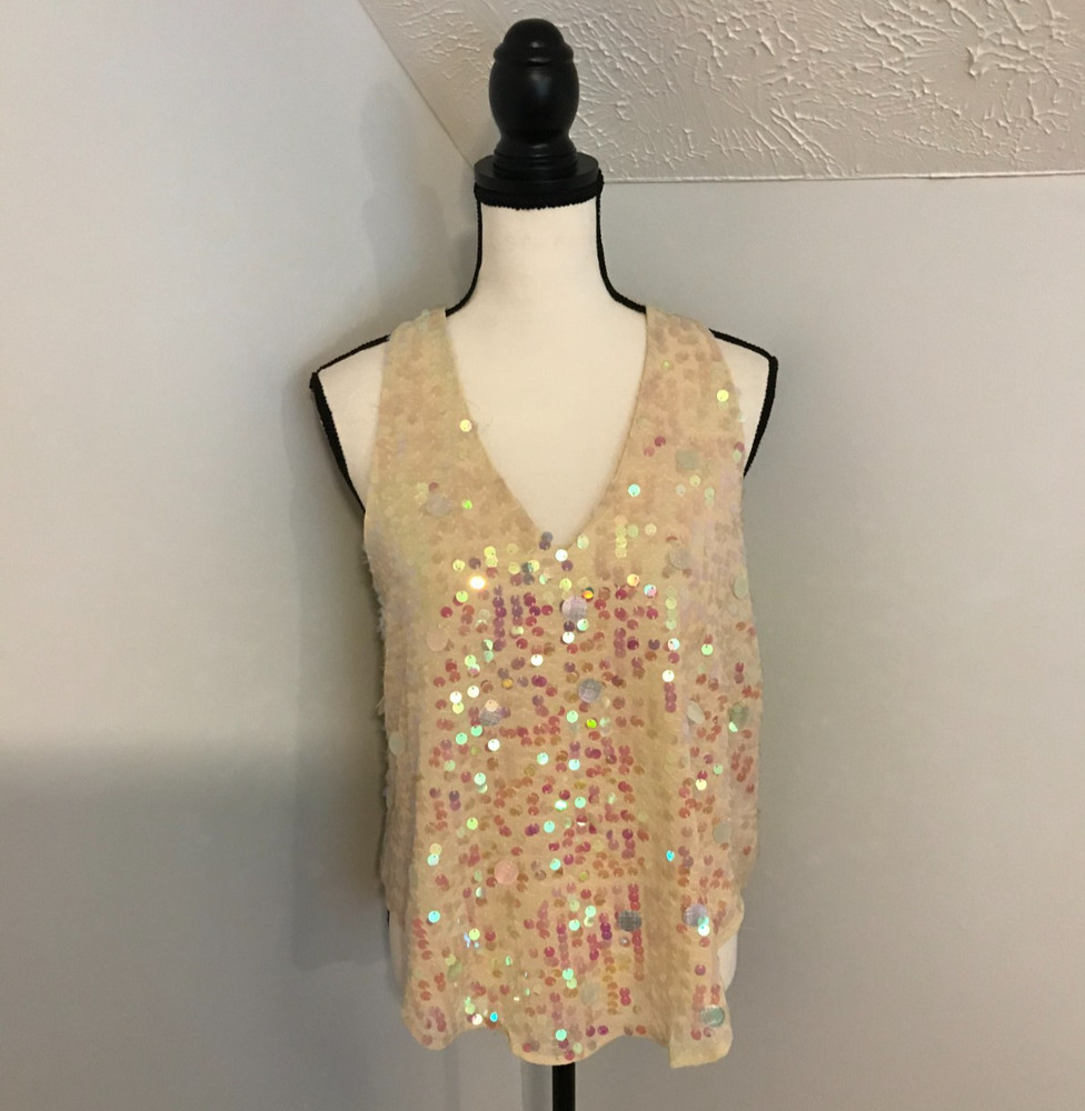 Anthropologie Moulinette Soeurs Ivory Sequin V-Neck Tank Top - Size 6 - NWT