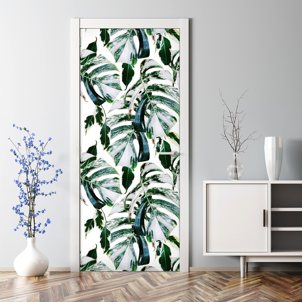 Minty palm leaves Bubble Free Door sticker Decal Tropical modern wall art