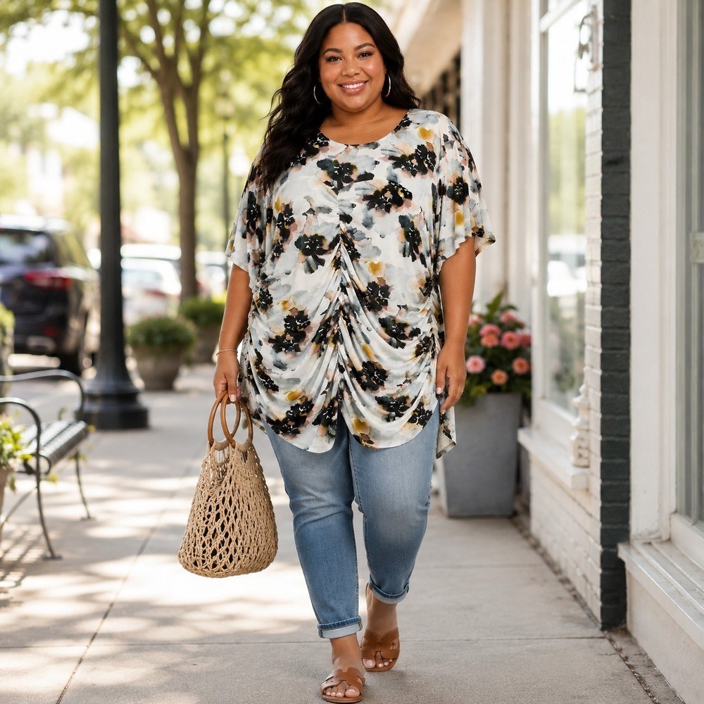 Torrid 6X Size 30 Stretch Mesh Floral Top Gypsy Ruched Crew Neck Festival Blouse