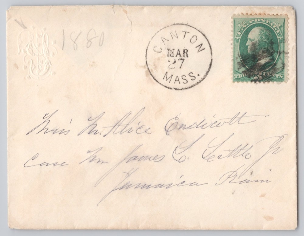 Canton, Massachusetts Addressed back with 1c Franklin, Embossed Monogram