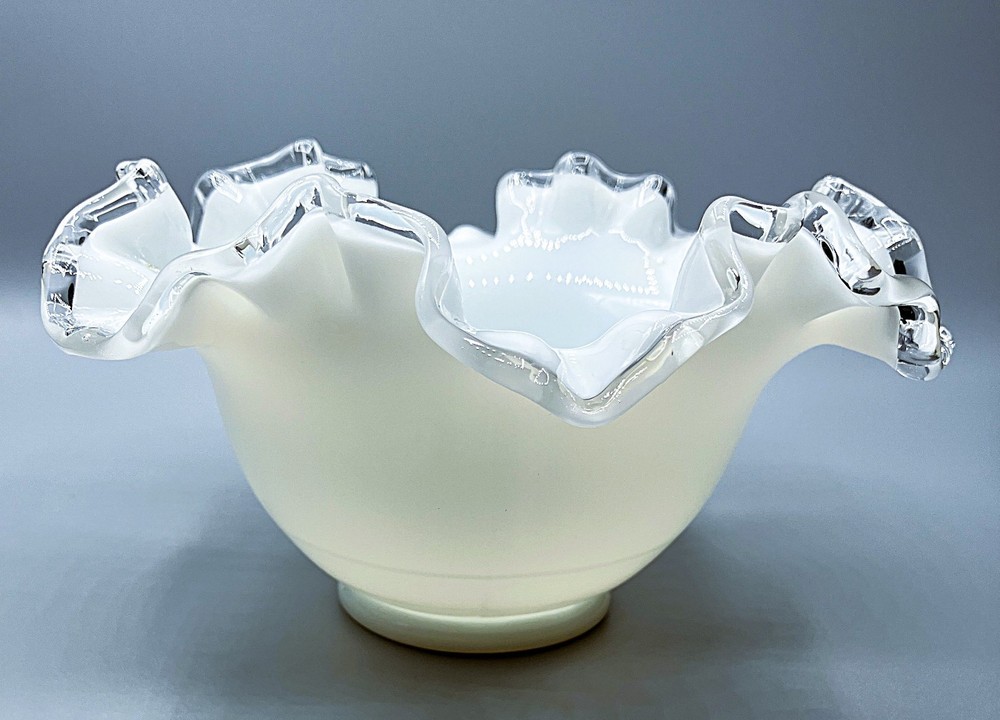 Vintage Fenton Silver Crest White Milk Glass Ruffled Edge Bowl