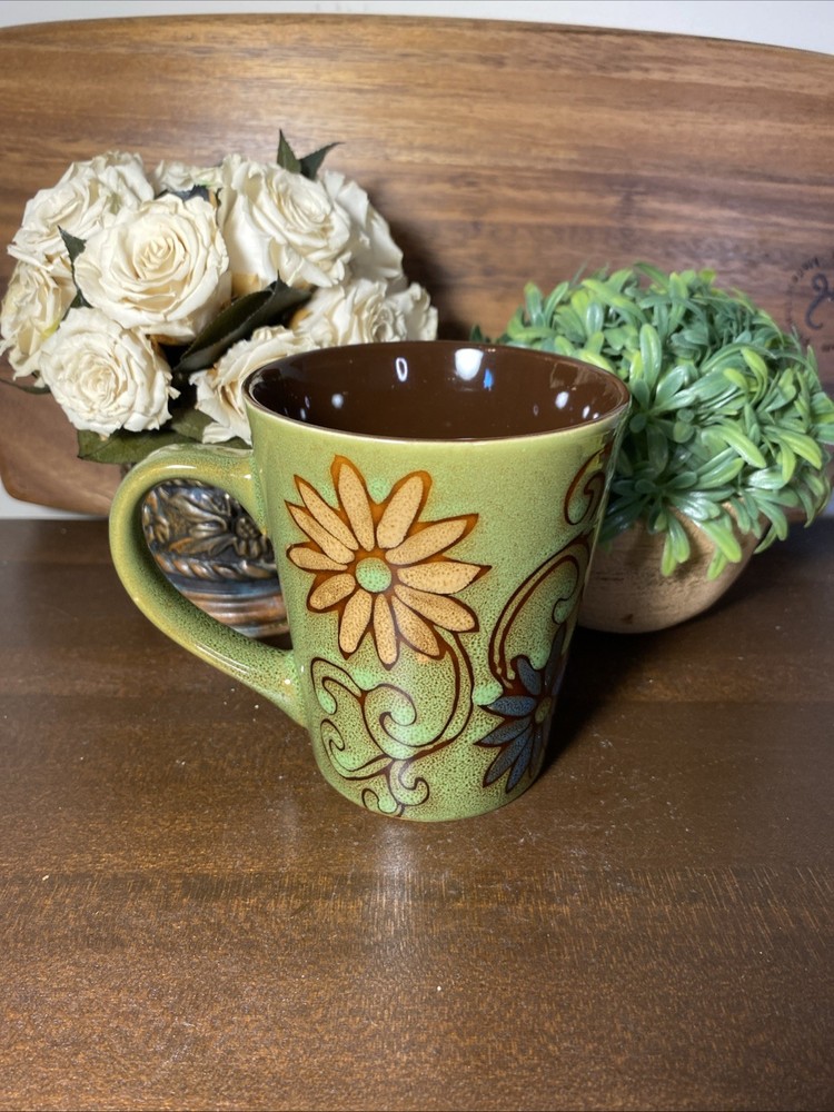 Vintage 70s Speckled Stoneware Mug - Retro Orange Daisy & Blue Floral - Boho MCM