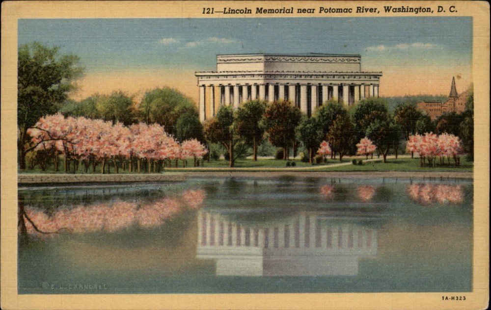 Washington DC Lincoln Memorial from across Potomac reflection ~ 1930s postcard