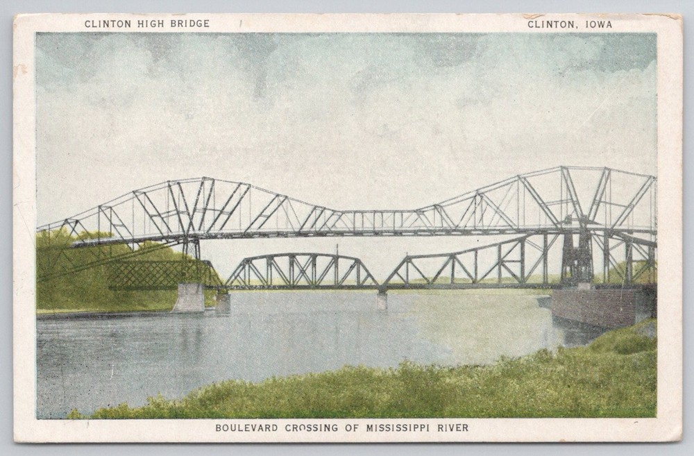 Clinton High Bridge Iowa Mississippi River Linen Postcard 1941